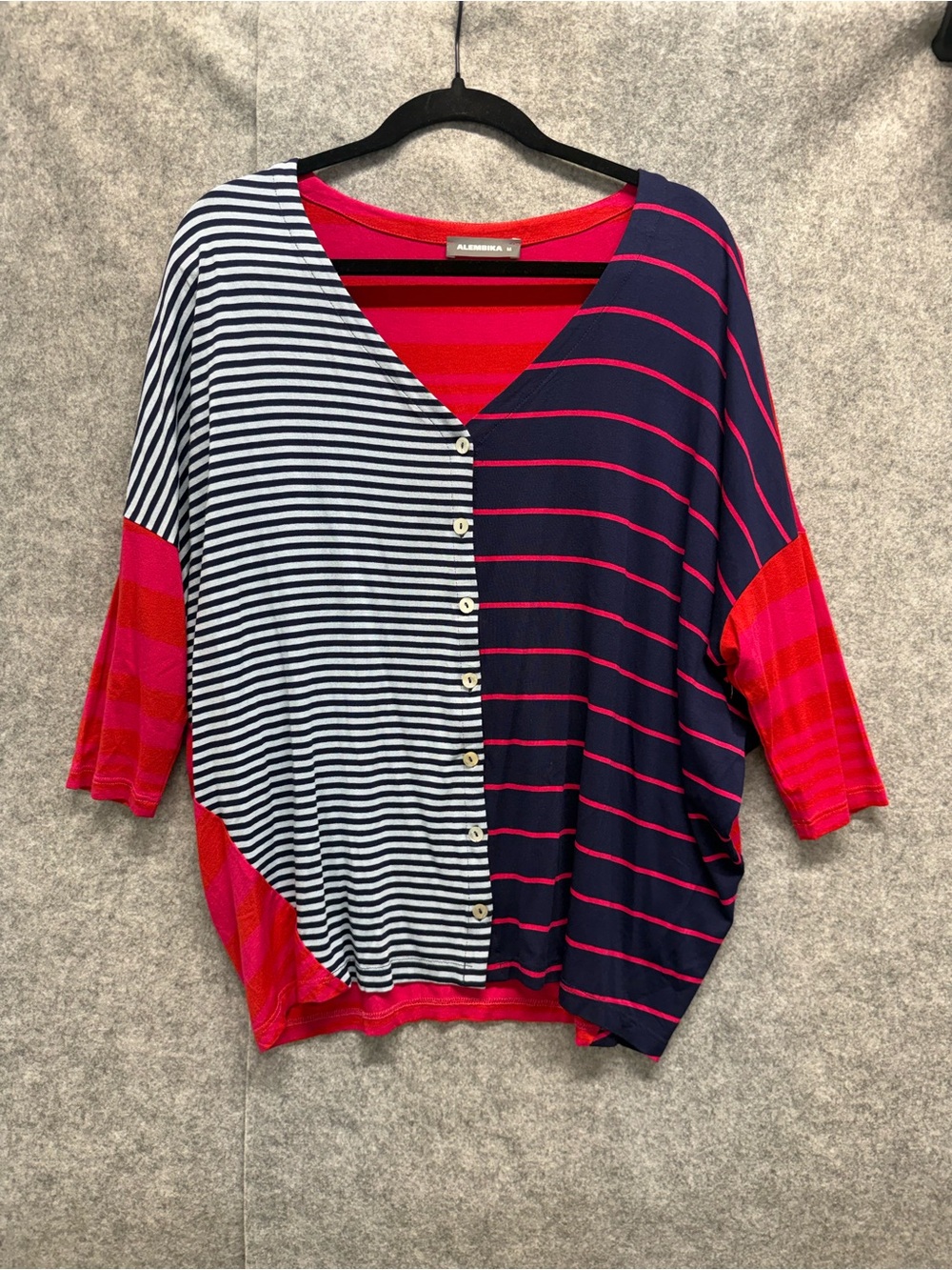 Alembika Navy and Magenta Striped Button-Front Top - Womens M - Pattern Colorful